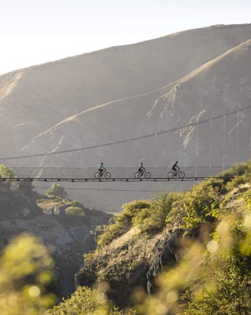 Three people biking on Edgar Bridge, Gibbston Valley Trail