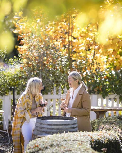 Women sitting in restaurant garden drinking wine