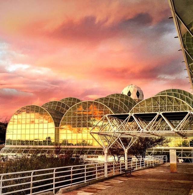 Entrance to a large, round greenhouse-like building. Glass on building reflects the vibrant colors of the sunset