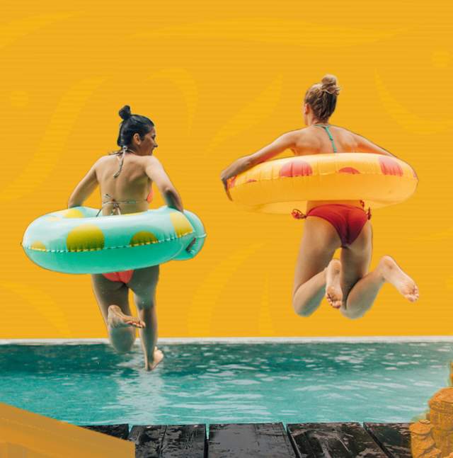 Colorful collage-style image of Tucson Rialto, Mount Lemmon, and two girls in pool tubes jumping into pool. Subtle swirls surround the landscape