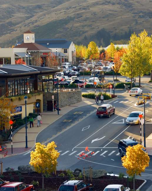 Aerial of shopping complex in autumn