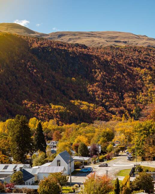 Aerial view of historic Arrowtown village in autumn