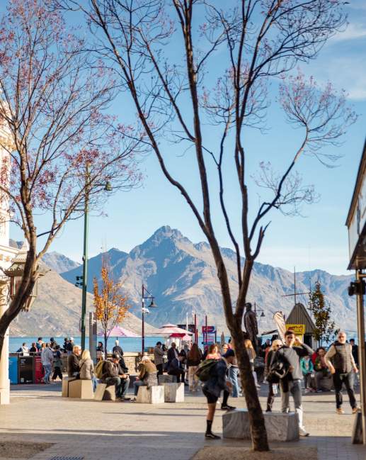 View of streets, lake and mountains