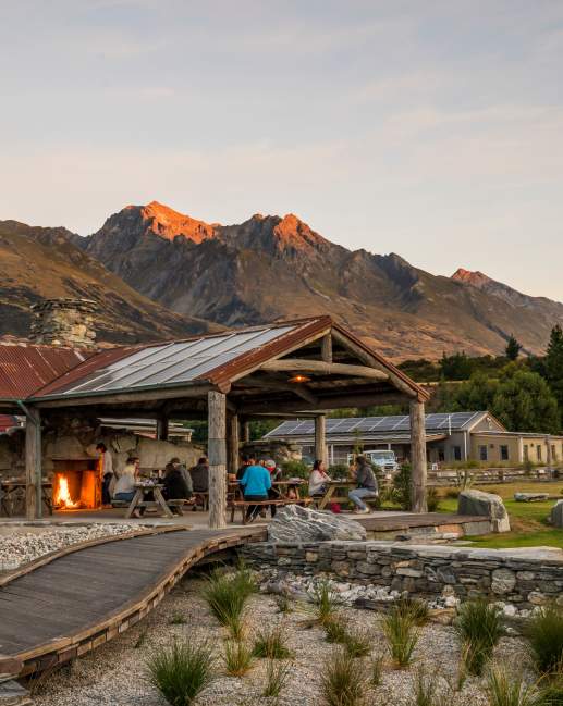 The Headwaters Eco Lodge outside shot at sunset