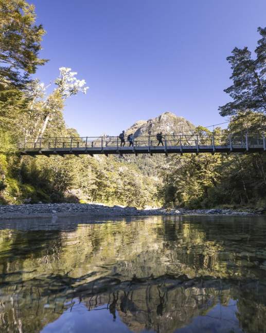 Ground of friends crossing a swing bridge on the Routeburn Track with a mountain in the background