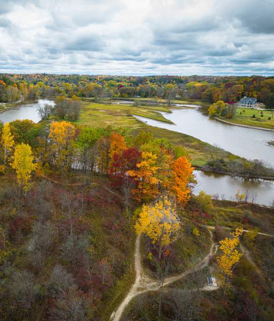 Fall foliage from drone with river