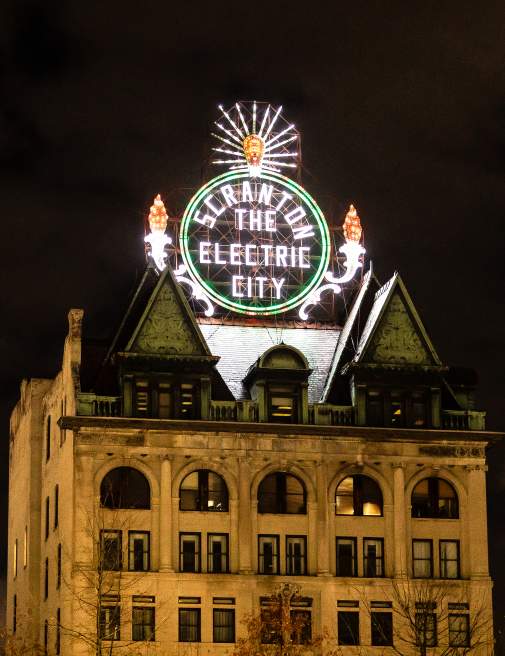 The Electric City Sign at nighttime in Downtown Scranton, PA
