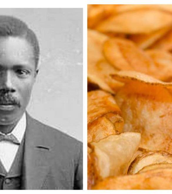 Two photos side by side, one of George Crum in B&W and one of chips