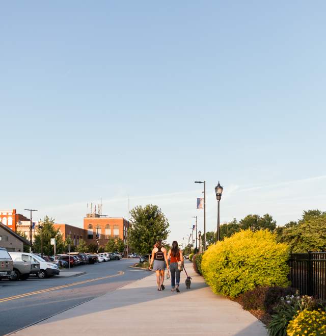 Downtown Hickory_ People Walking _ Dog_ sunset
