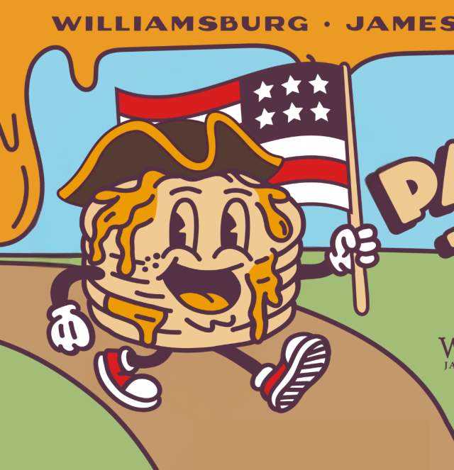 Short Stack pancake guy holding an American Flag. Join the Pancake Trail.