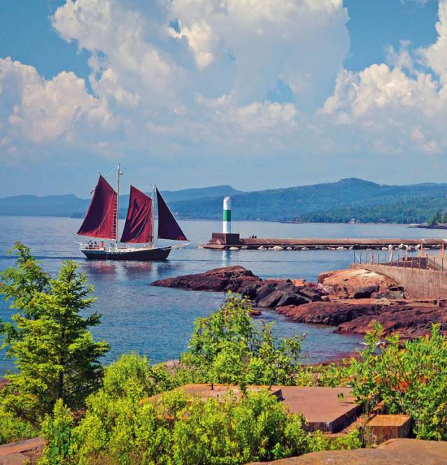 Grand Marais Harbor 2 lighthouses and Hjordis sailboat