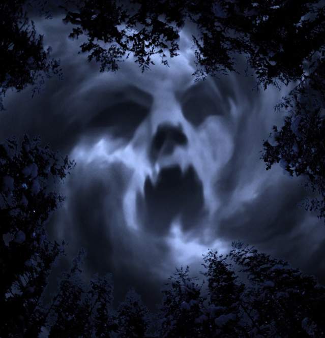 Image with pines and northern lights with a spooky face