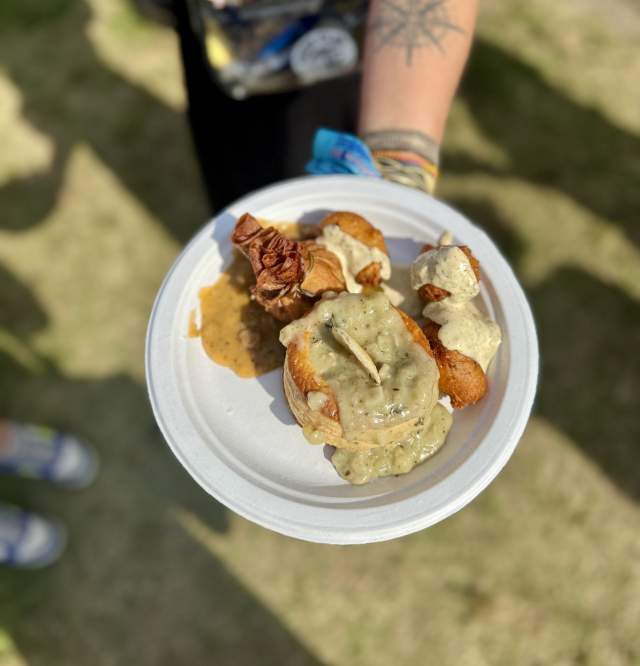 Patton's Caterers Combo Plate featuring Crawfish Sack, Oyster Patty and Shrimp Beignets - Jazz Fest