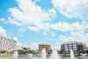 City Center skyline with fountains and clouds in the sky