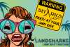 A pop-art style woman screams as her sunglasses reflect sharks. Next to her is a yellow caution sign that says "Warning: Sharks. Party at your own risk." Below the yellow sign is text that says "Landsharks: A Jimmy Buffett Tribute Band."