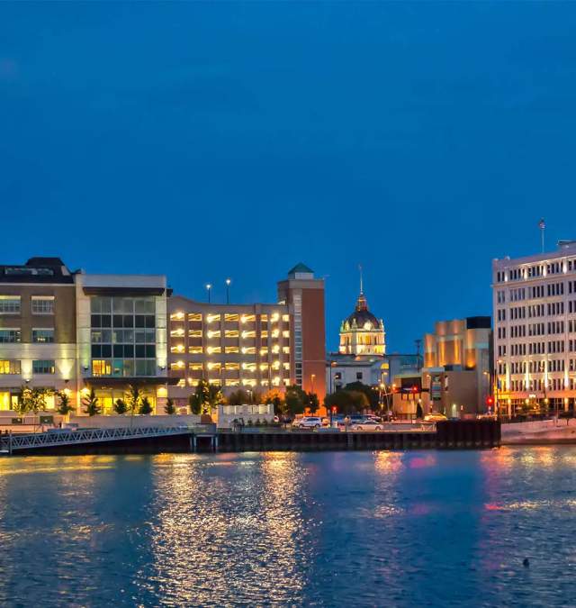 Night time view of Downtown Green Bay from western shore