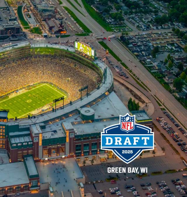 Ariel shot of Lambeau Field in Green Bay, Wisconsin with the NFL Draft 2025 Logo overlayed