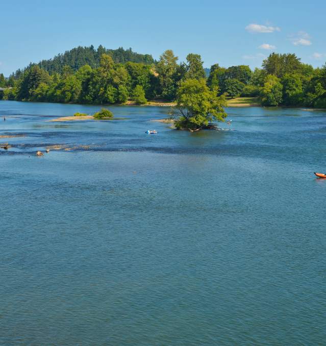 A kayaker on the Willamette River in summer time