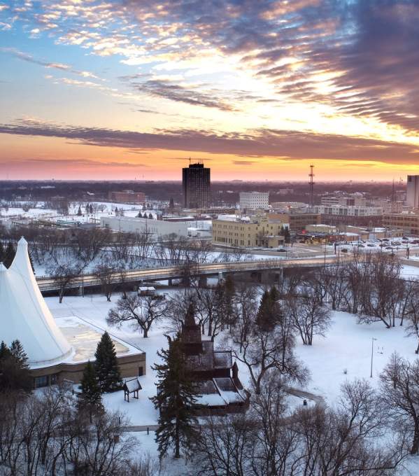aerial photo of hjemkomst center and downtown Fargo in winter