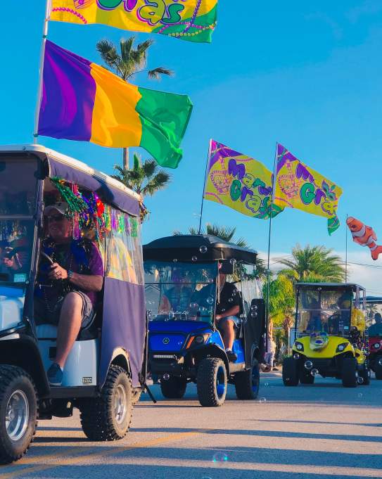 A golf cart parade goes by, each cart decorated with Mardi Gras colors and flags