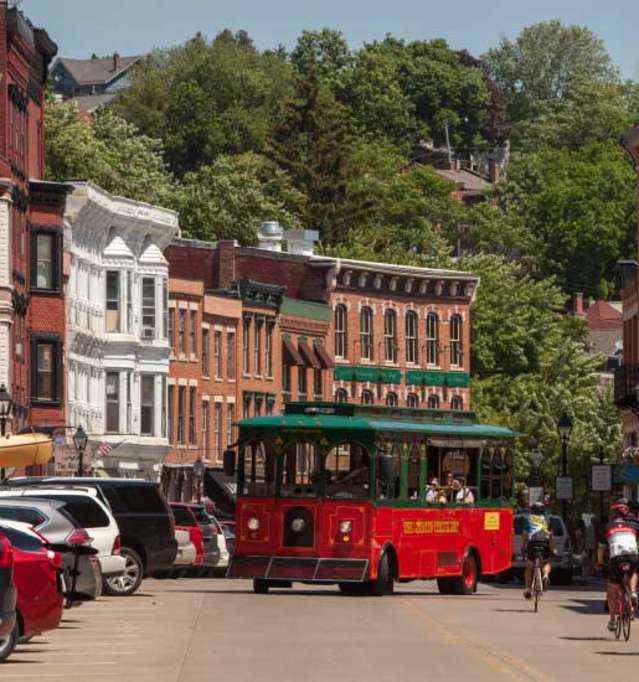 Bikers enjoy fresh air by the Desoto House in Galena, Illinois.