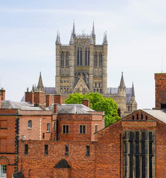 The view of Lincoln Cathedral, from the Medieval Wall Walk at Lincoln Castle.