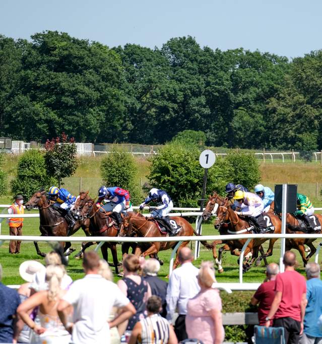 jokeys on horses racing with spectators in foreground