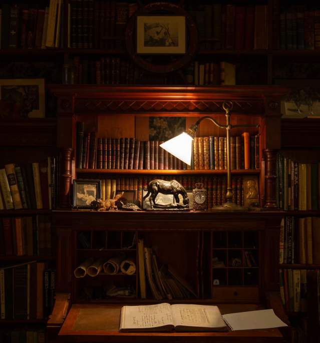 Table with lamp in front of bookcase