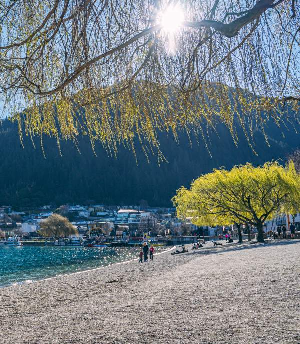 Queenstown Lakefront in Spring with blue lake and snow capped mountains in the distance