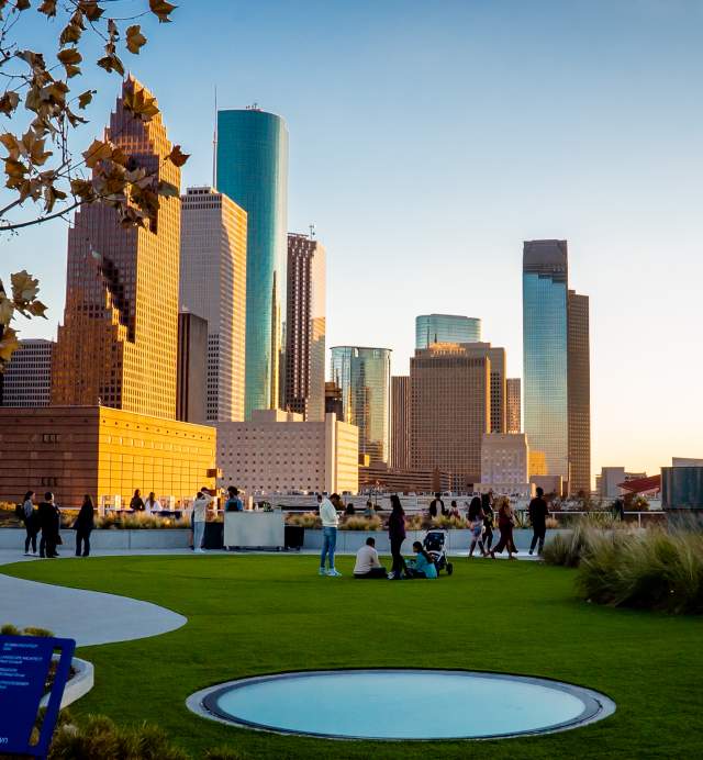 People In A Houston Park With The City In The Background.