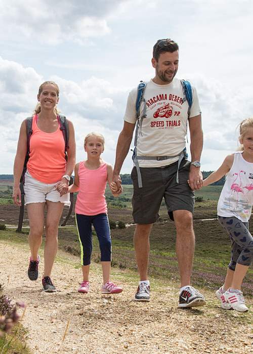 Family walking on a cloudy summer day in the New Forest