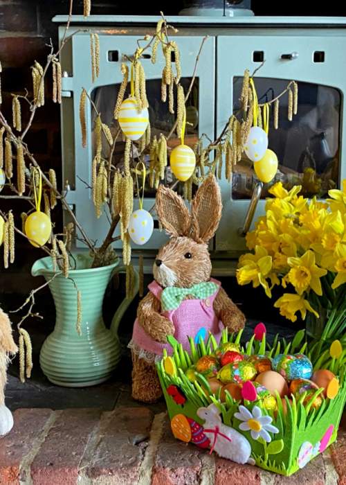 Easter decorations in fireplace at self catering property in the New Forest