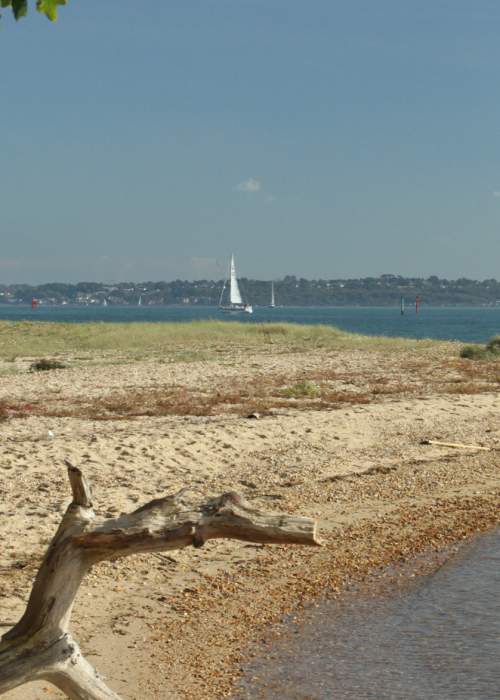 View of the beach and across the water at Lepe Beach in the New Forest