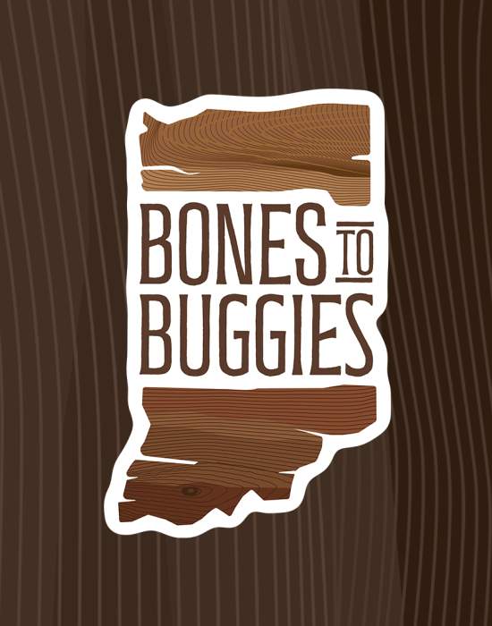 Brown wood textured banner with Bones to Buggies logo in the shape of the state of Indiana.