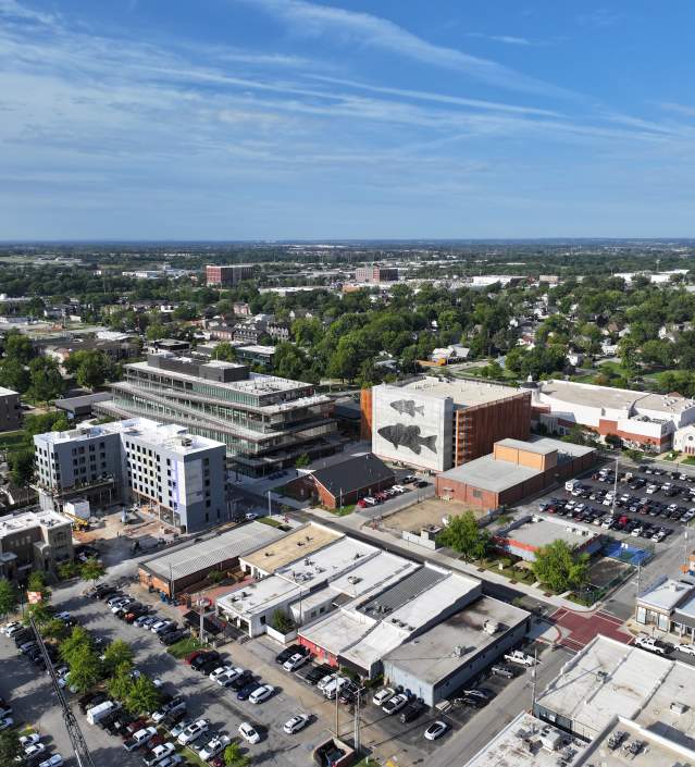 Aerial view of Downtown Bentonville looking southwest