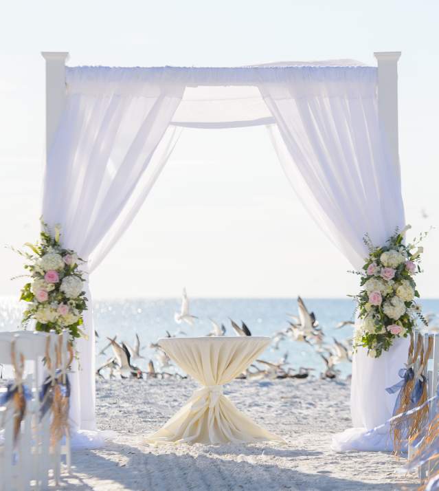 A wedding set up on the beach. White chairs with sandy pathway leading up to curtain style altar.