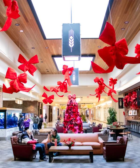 Festive holiday décor with large red bows and a Christmas tree inside West Acres Mall in Fargo, ND during winter shopping season.