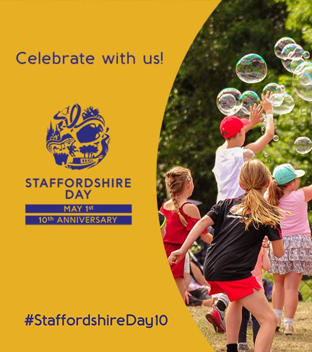 Infographic promoting 10th Anniversary Staffordshire Day taking place 1st May 2026.