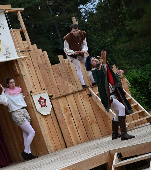 Actors perform on stage at the outdoor theatre at Bolton Gate Arts, Stoke-on-Trent, Staffordshire
