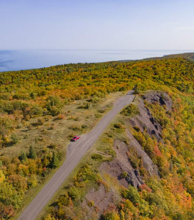 Aerial view of Brockway Mountain Drive during Fall Color