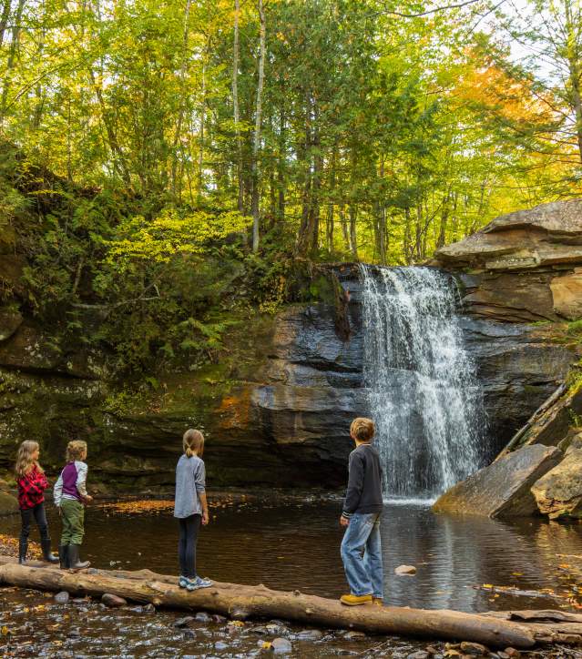 4 children play next to a waterfall.