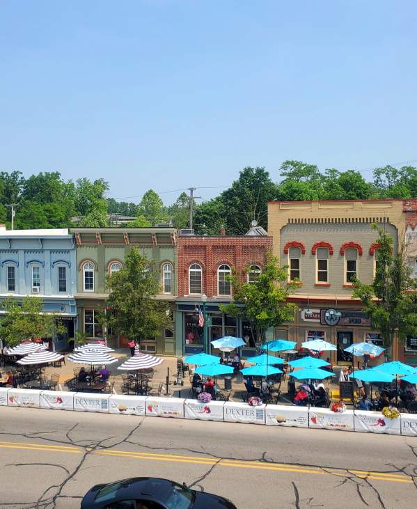 Overhead view of downtown Dexter with outdoor dining