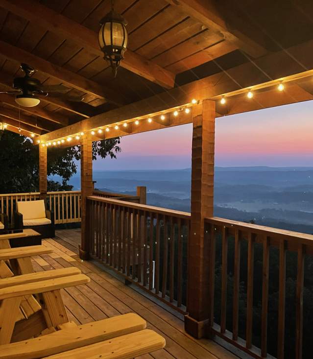A stunning view of a sunset over the lake from the back porch of one of the cozy Mentone cabins.