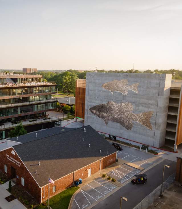 An aerial photo of Ledger's parking garage featuring two enormous sparkly fish