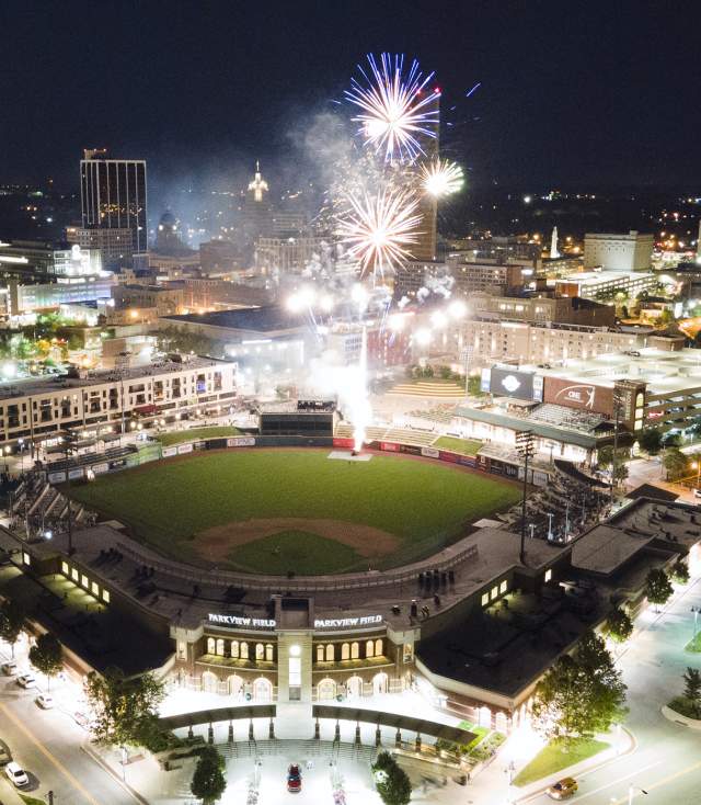 Fireworks over downtown Fort Wayne after a TinCaps game at Parkview Field.