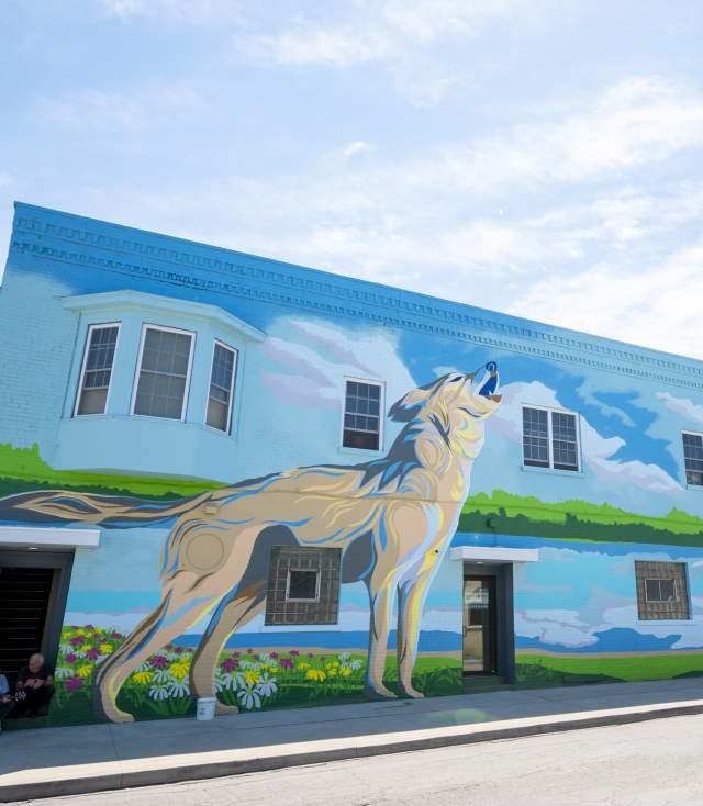 Wolf and Fox mural at Wells and Fourth Streets, created by Jerrod Tobias