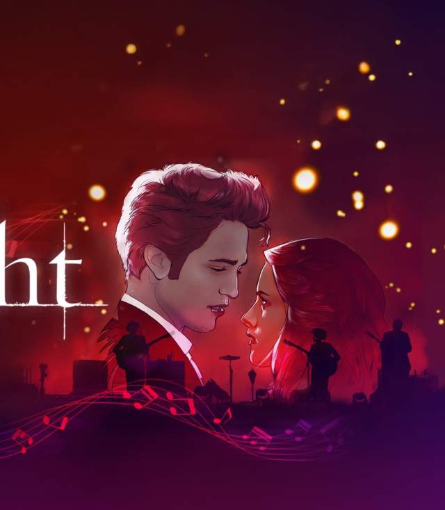 Promotional image for Twilight in Concert at the Embassy Theatre in Fort Wayne, Indiana. The photo shows the event title, along with Edward and Bella with a band in silhouette superimposed over the couple's image.