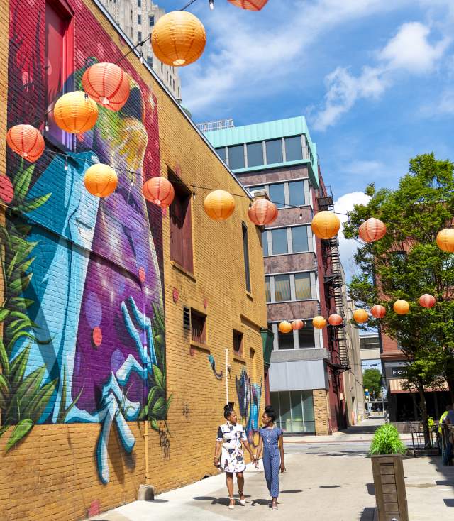 Mother and daughter walking in Downtown Fort Wayne