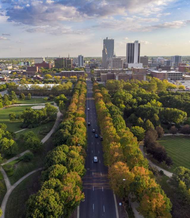 Aerial image of downtown Fort Wayne, Indiana during the fall.