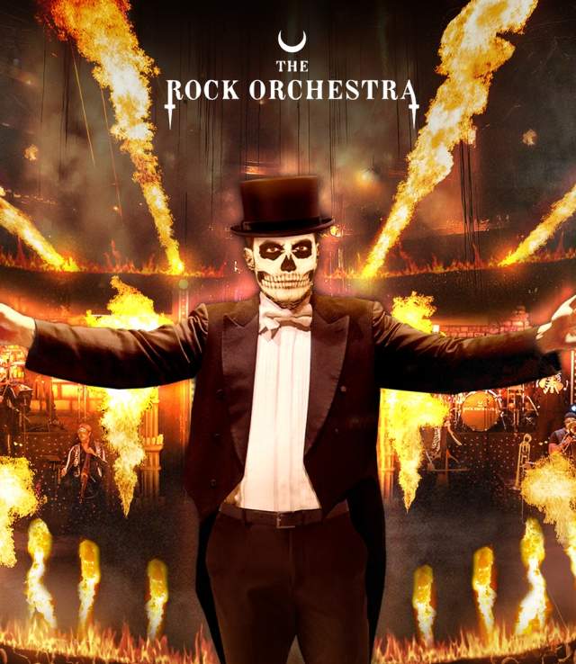 The Rock Orchestra | Arena on Fire image depicting a skeleton in a tuxedo conducting an orchestral performance while surrounded by fire